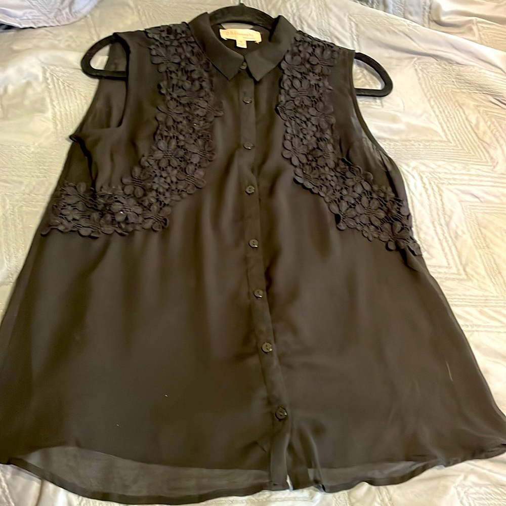 PHILOSOPHY Sheer Embroidered Detail Black Sleeveless button‎ downSize Medium - Picture 4 of 7